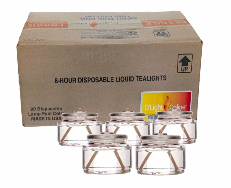 D'light Online HD8-90 Liquid Wax Disposable Clear 8 Hour Liquid Tealight Fuel Cell Oil Candle Cartridge Disposable Liquid Paraffin Smokeless Odorless | Clear Fuel Oil Shabbos Candles - Set of 90 - Image 1